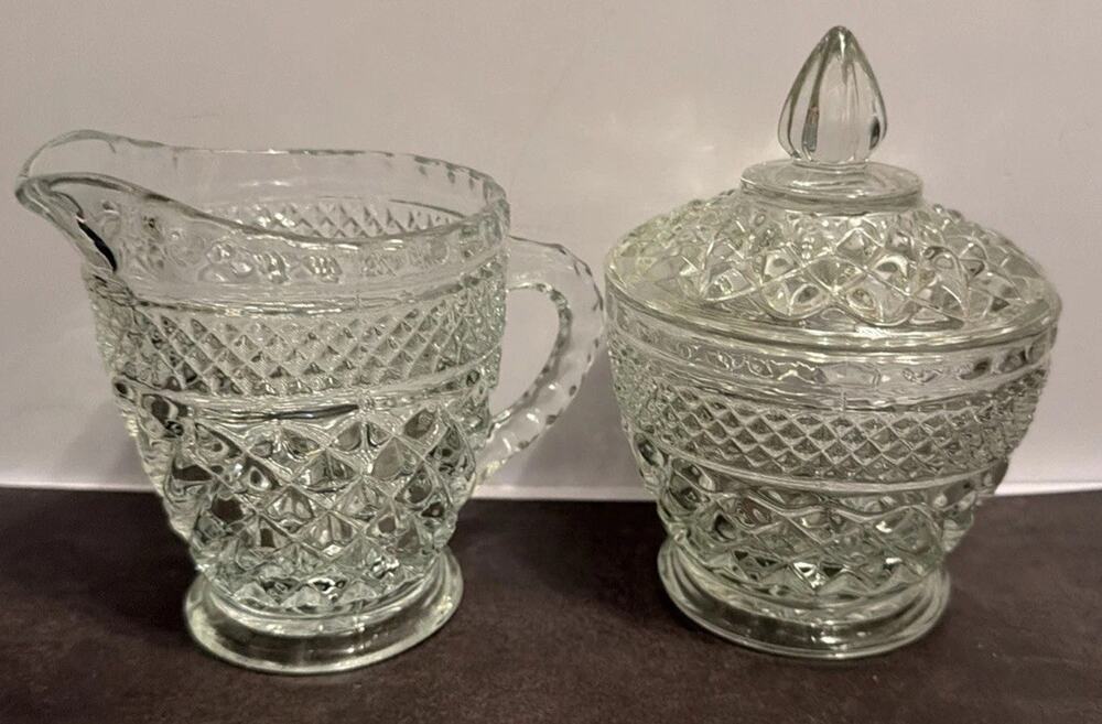 Vintage Anchor Hocking Wexford Cream And Covered Sugar Bowl Set. Preowned